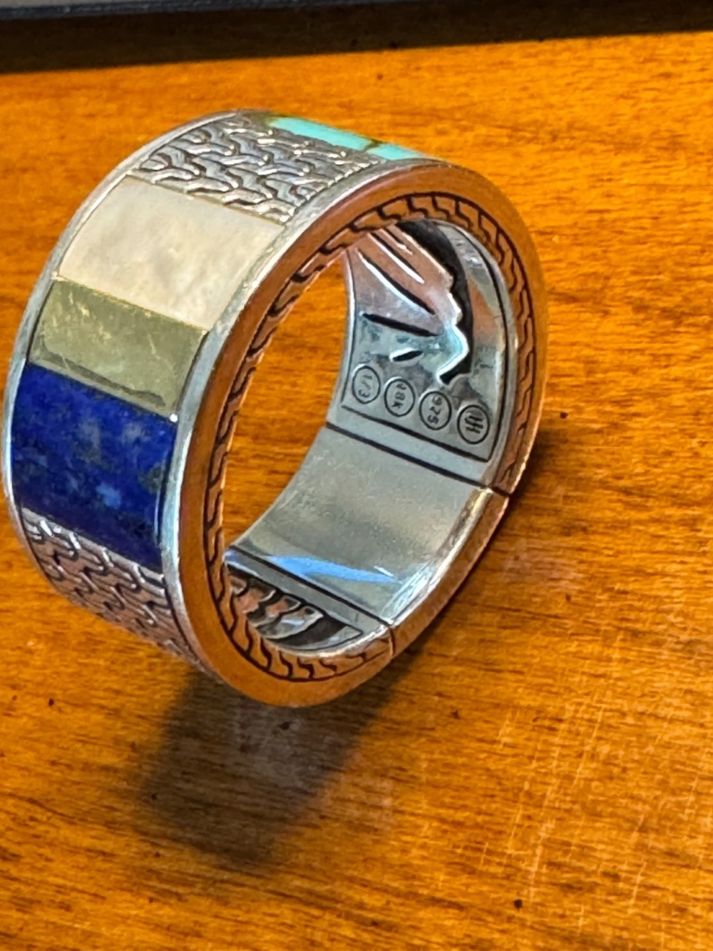 John Hardy Silver Ring with Gold, Lapis Lazuli, Mother of Pear and Turquoise